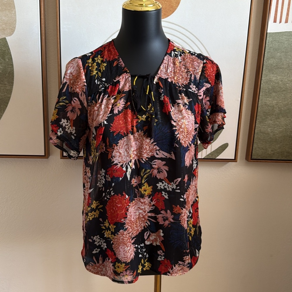 ✨Daniel Rainn Black Floral Relaxed Sheer Tie Front Blouse